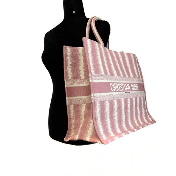 Christian Dior Bayadere Stripe Large Book Tote D-Stripes Embroidery Pink - Picture 7 of 14